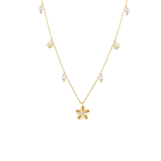 Roovi Dream Flower Pearl Necklace in 925 Silver with 22kt Gold Plating