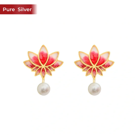 Roovi Lotus Diva Pearl Drop Earrings in Pure 925 Silver with 22kt Gold Plated