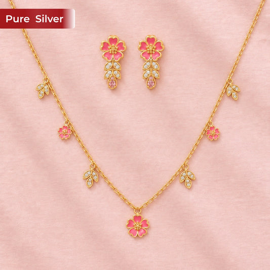 Roovi 925 Sterling Silver Bloomina Blush Necklace & Earring Set for Women | Lightweight Minimal Jewelry Combo