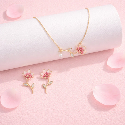 Lotus Blush Necklace & Earring Jewerly Set in 925 Silver with 22kt Gold Plated