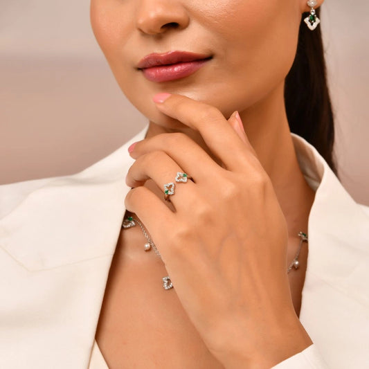 Roovi 925 Silver Green Glam Stack Ring