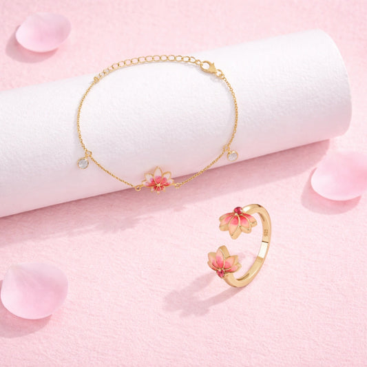 Lotus Bracelet & Stack Ring in 925 Silver Stack Combo