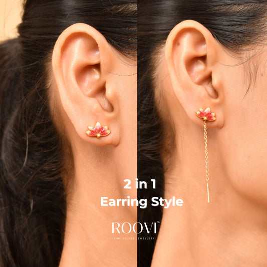 Roovi Lotus Petals 2 in 1 Style Stud Earrings in 925 Silver