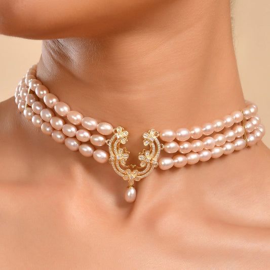 Blushing Real Pearl 925 Silver Party Wear Choker Necklace for Women