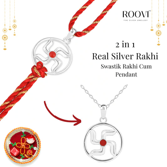 Roovi 925 Silver Swastik Rakhi cum Pendant I 2 in 1 Style I Rakhi Pendant For Brother