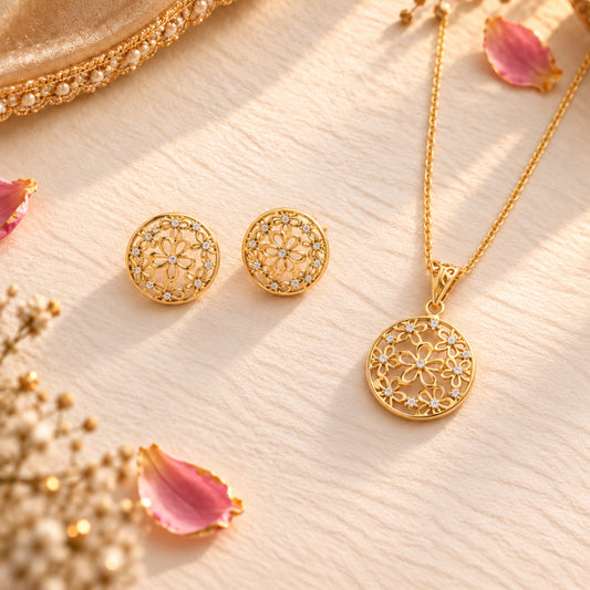 Roovi 925 Sterling Silver Gold Plated Round Flower Necklace & Earring Set for Women | Combo Set