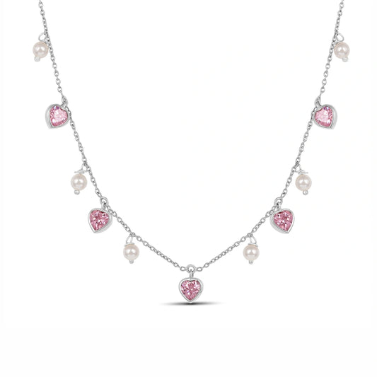Love is Love Pink Heart 925 Silver Necklace with Pearl