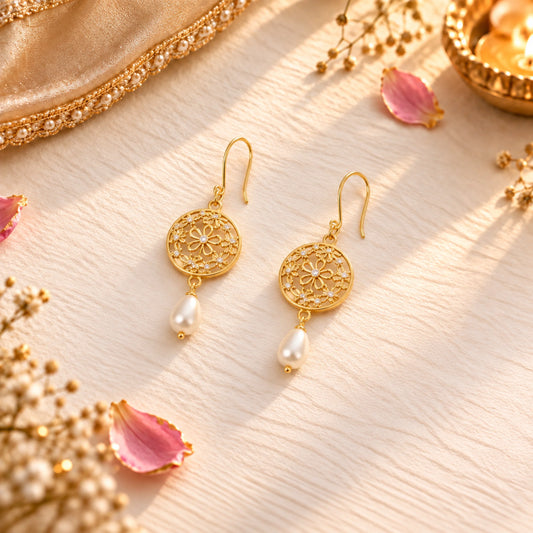 Roovi 925 Silver Gold Pearl Dangler Earrings for Women