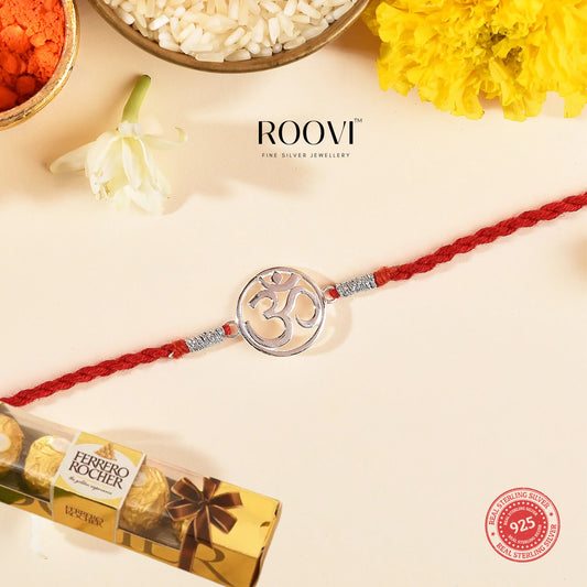 Roovi Pure 925 Silver Om Rakhi For Brother with 1 Pack Ferrro Chocolate