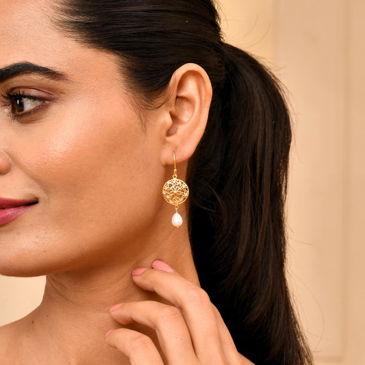 Roovi Flowers Real Pearl 925 Silver Dangler Earrings