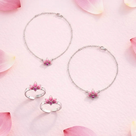Padma Lotus Toe Ring & Lotus Anklet in 925 Silver-Combo