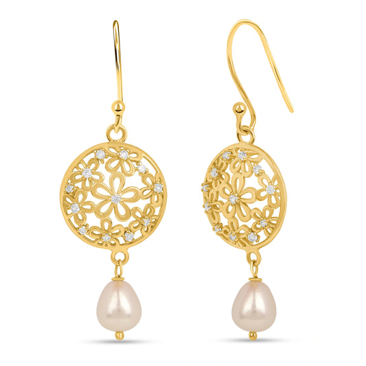 Roovi Flowers Real Pearl 925 Silver Dangler Earrings