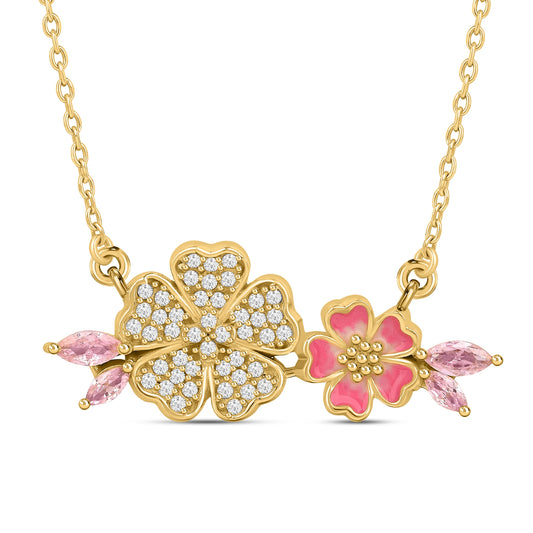 Bloom Babe 925 Silver Flora Necklace with Pink AD