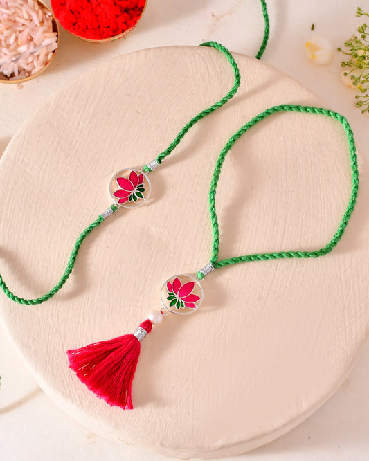 Roovi 925 Sterling Silver Lotus Design Bhaiya Bhabhi Lumba Rakhi Combo I 2 Rakhi Pc I