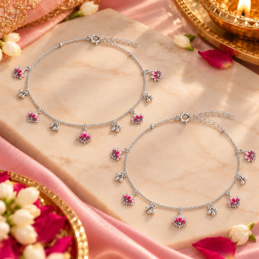 Roovi Padma Lotus Sterling Silver 925 Anklet for Women (2 Pc) | Adjustable Daily Wear