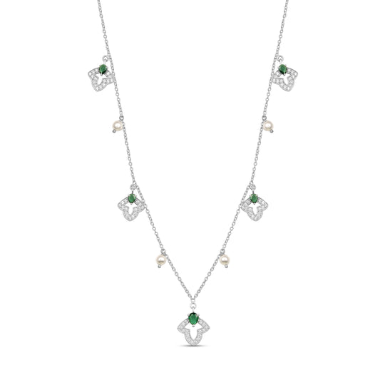 Roovi 925 Silver Graceful Emerald Pearl Necklace