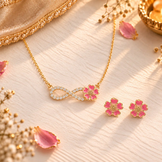 Roovi A Cute Pink Look 925 Silver Infinity Necklace & Flower Stud Earring Combo
