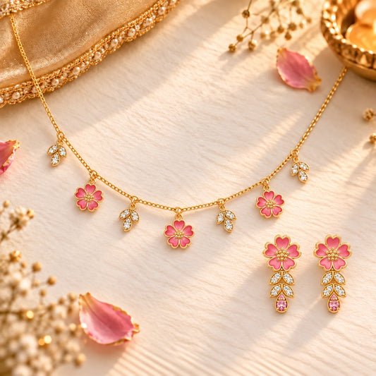 Roovi 925 Sterling Silver Bloomina Blush Necklace & Earring Set for Women | Lightweight Minimal Jewelry Combo