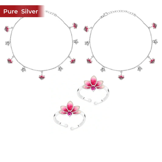 Roovi Lotus Heavy 925 Silver Anklet & Toe Ring Combo for Women | Adjustable Daily Wear Set