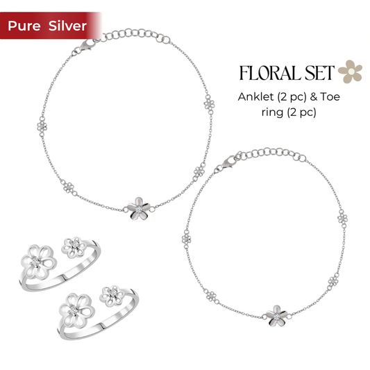 Roovi Flower Anklet & Toe Rings in 925 Silver