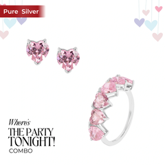 Roovi 925 Silver Pink Diamond Heart Stud & Ring Combo Set for Women