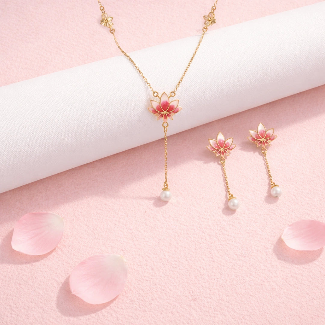 Lotus Glow Necklace & Earring Jewerly Set in 925 Silver with Pearl