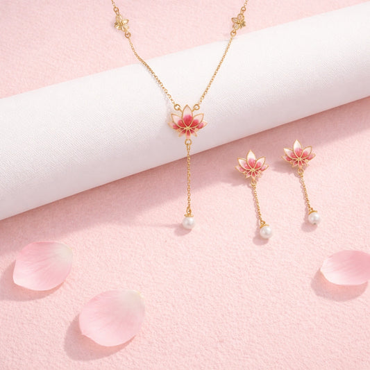 Lotus Glow Necklace & Earring Jewerly Set in 925 Silver with Pearl