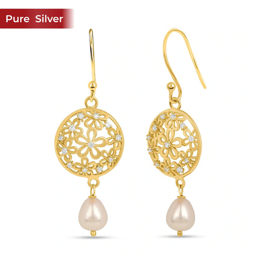 Roovi 925 Silver  Gold Pearl Dangler Earrings for Women