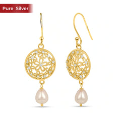 Roovi 925 Silver  Gold Pearl Dangler Earrings for Women