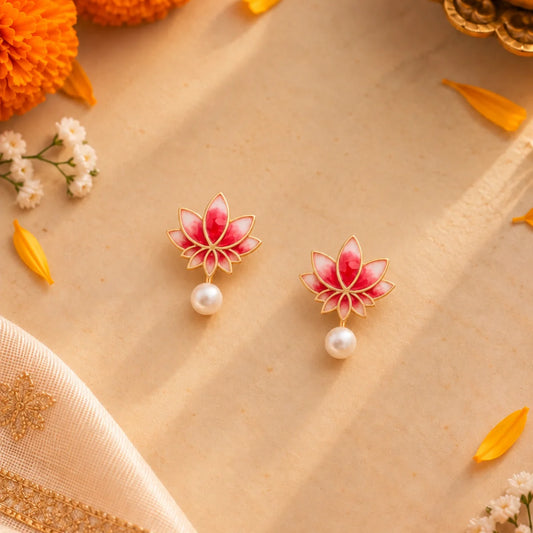 Roovi Lotus Diva Pearl Drop Earrings in Pure 925 Silver with 22kt Gold Plated