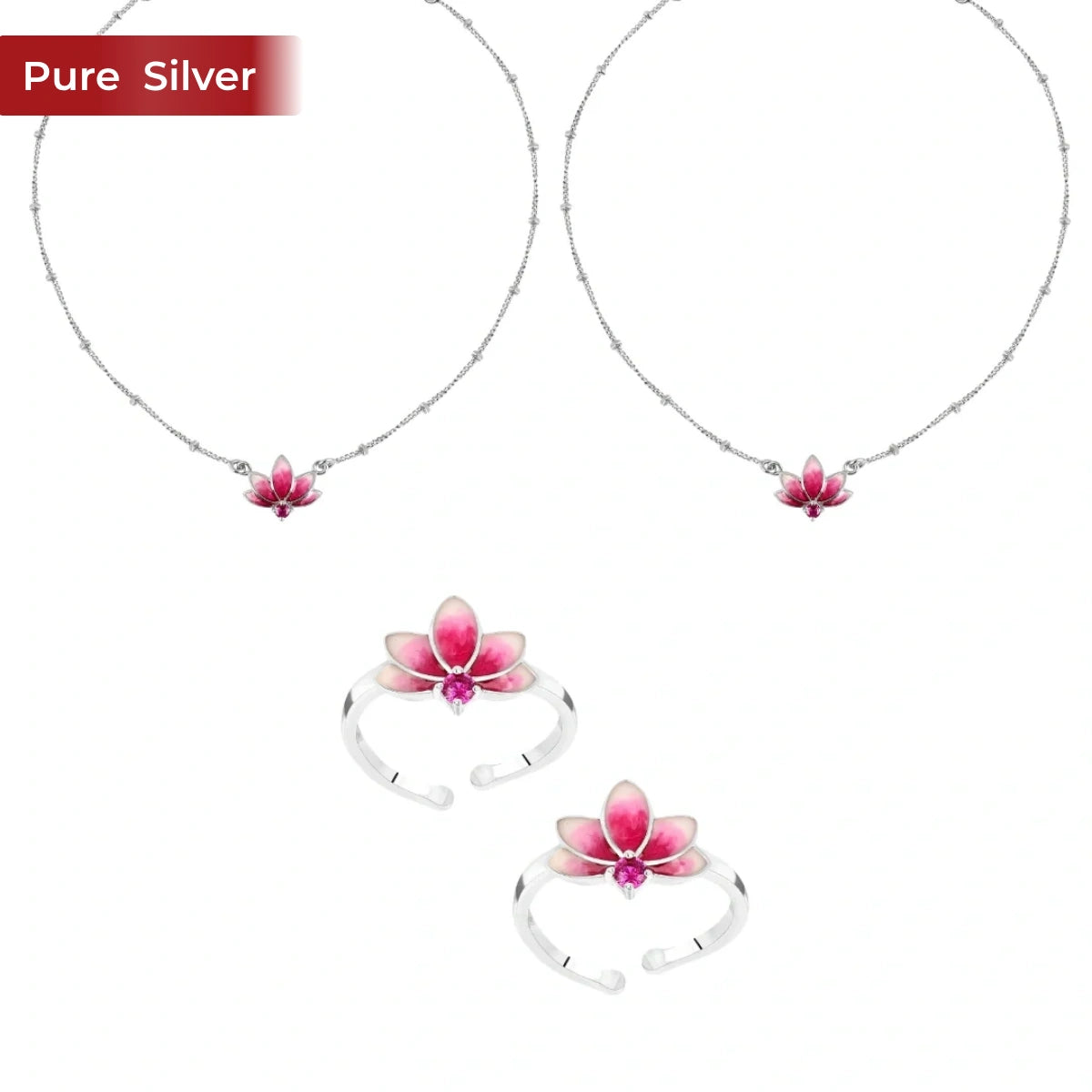 Roovi 925 Sterling Silver Lotus Toe Ring & Anklet Combo for Women | Adjustable Lightweight Daily Wear Set