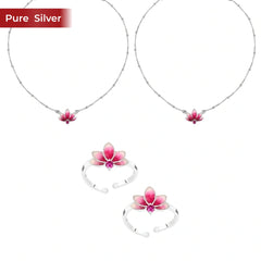 Roovi 925 Sterling Silver Lotus Toe Ring & Anklet Combo for Women | Adjustable Lightweight Daily Wear Set