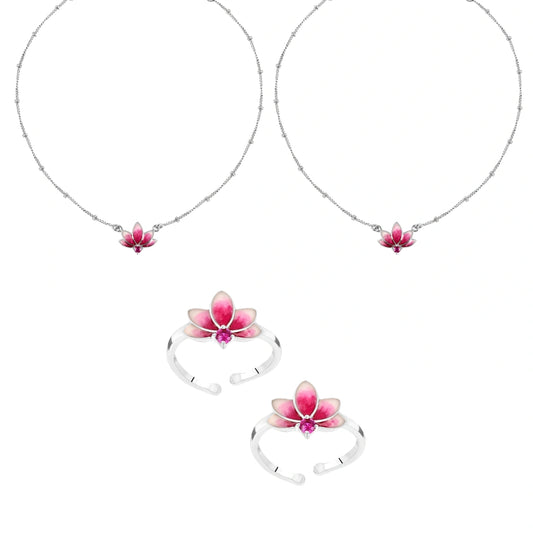 Set of silver lotus necklaces with pink flower pendants on a white background