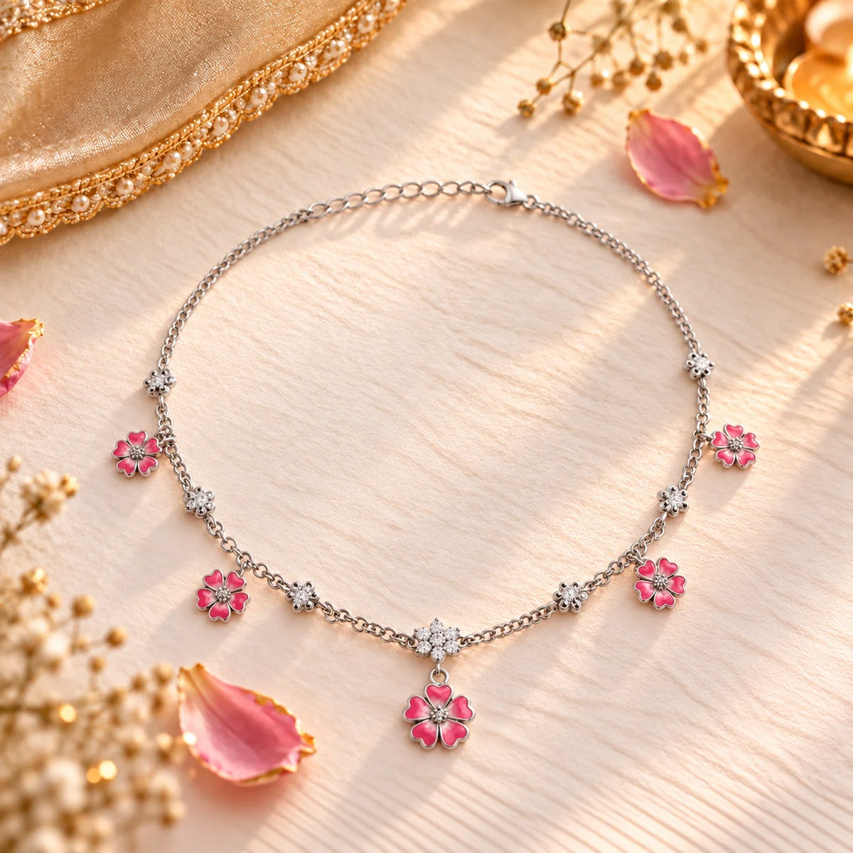 Roovi Desi Barbie Flora Drop 925 Silver Anklet for Women (2 Pcs)