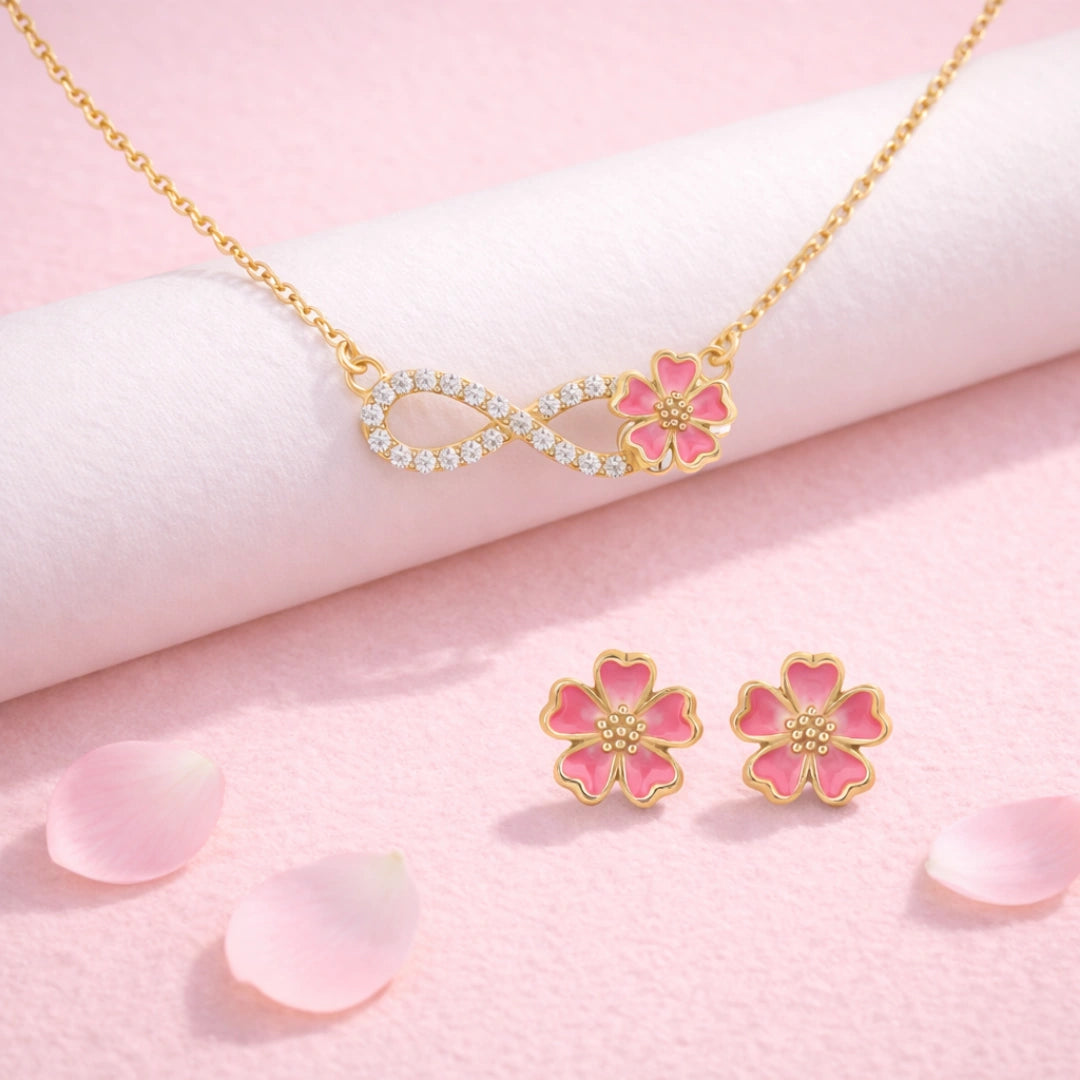 A Cute Pink Look 925 Silver Infinity Necklace & Earring Combo