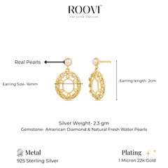 Roovi Flora Pearl Drop Earrings in 925 Silver with 22kt Gold Plating