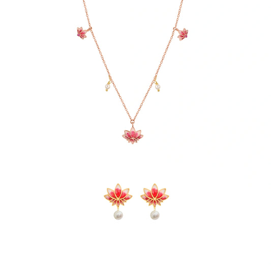 Laxmi's Grace Lotus Necklace & Earring Jewerly Set in 925 Silver with Pearl