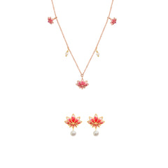 Laxmi's Grace Lotus Necklace & Earring Jewerly Set in 925 Silver with Pearl