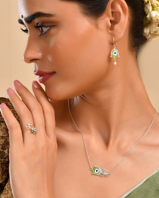 Roovi Pure 925 Silver Morpankh Ring with Meenakari