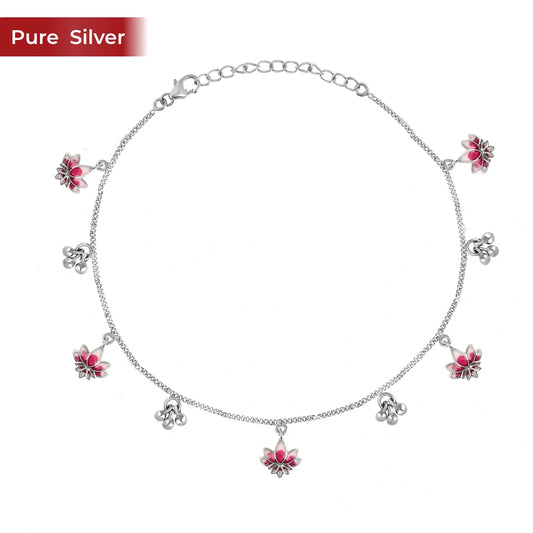 Roovi Padma Lotus Sterling Silver 925 Anklet for Women (2 Pc) | Adjustable Daily Wear