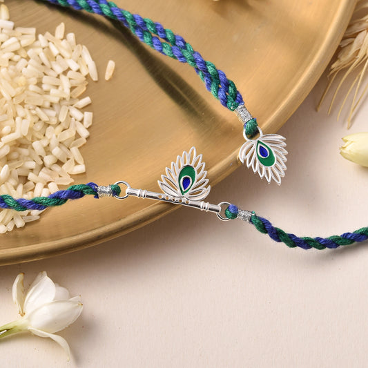 Roovi 925 Silver Morpankh Basuri Rakhi Combo Set  For Bhaiya Bhabhi
