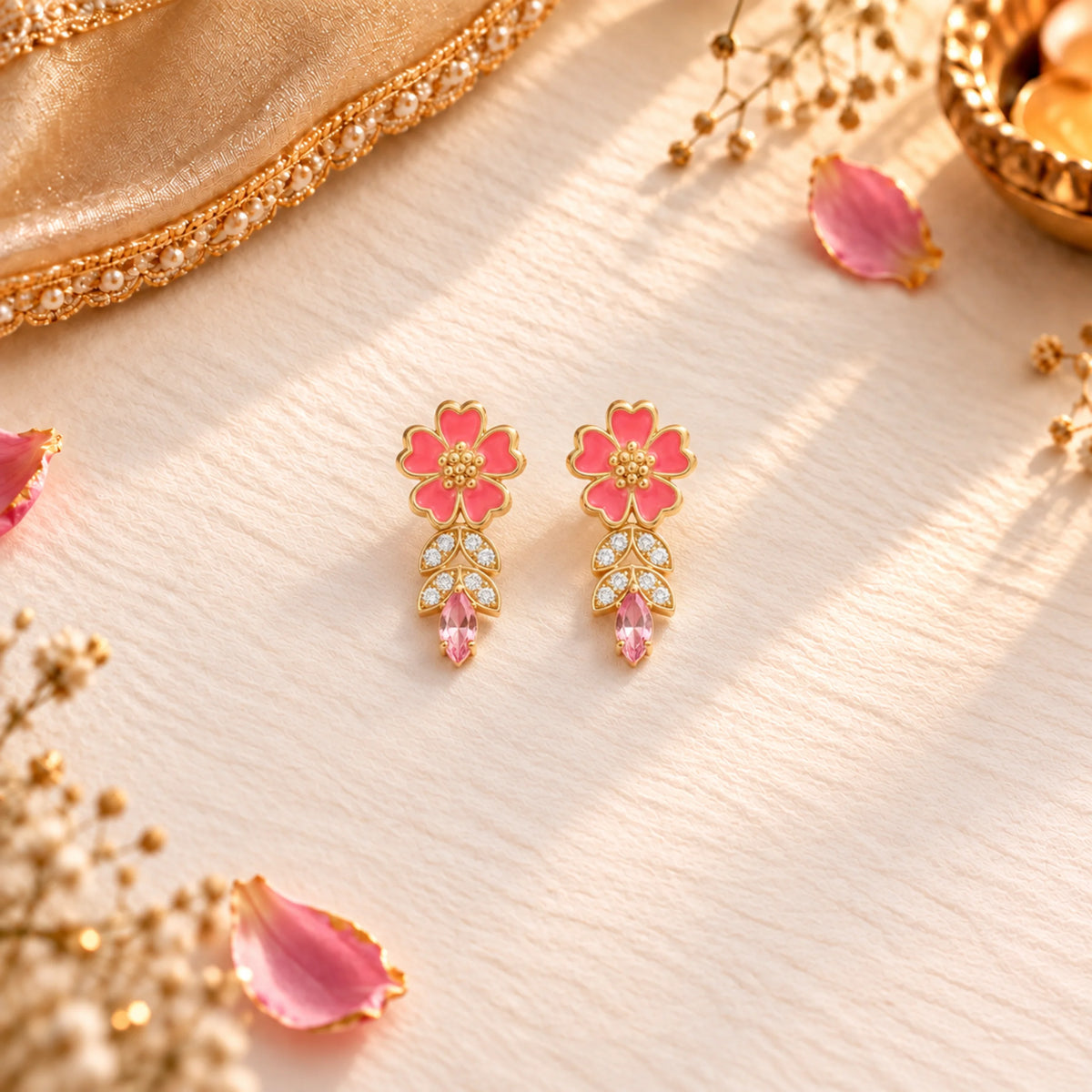 Roovi Sweet Sakura 925 Silver Party Wear Earring with Pink AD