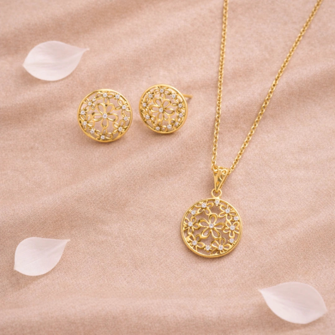 Roovi Sun Kissed Flower 925 Silver Necklace & Earring Combo with 22kt Gold Plating