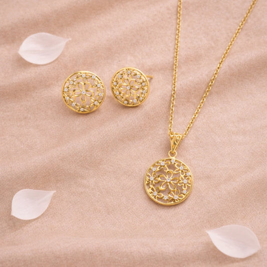 Roovi Sun Kissed Flower 925 Silver Necklace & Earring Combo with 22kt Gold Plating