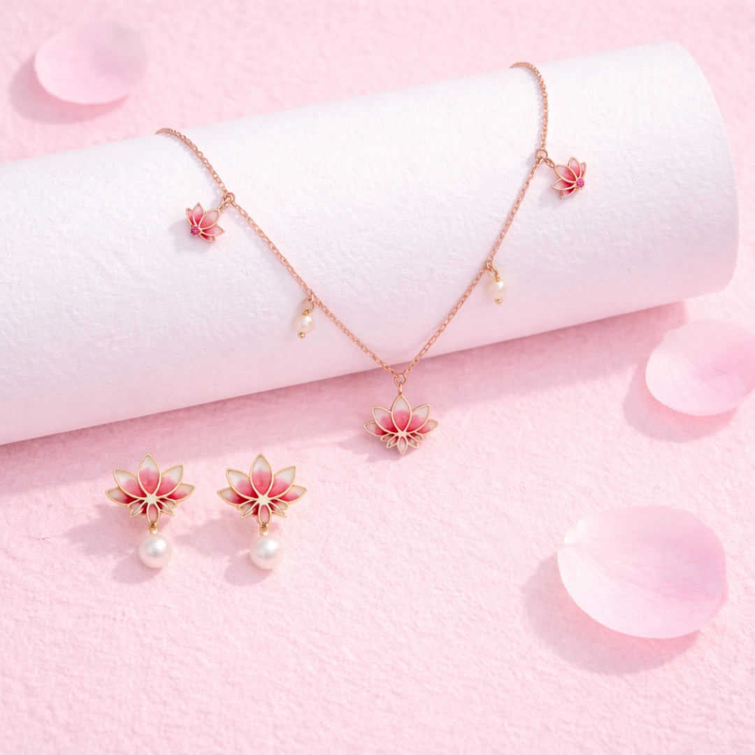 Laxmi's Grace Lotus Necklace & Earring Jewerly Set in 925 Silver with Pearl