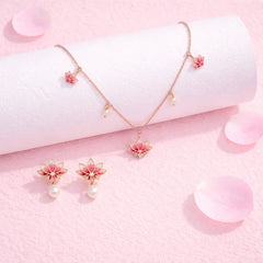 Laxmi's Grace Lotus Necklace & Earring Jewerly Set in 925 Silver with Pearl