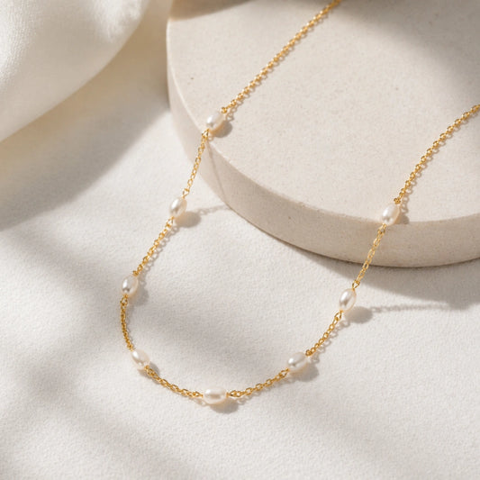 Soft Glow Pearl Necklace in Pure 925 Silver with 22kt Gold Plated