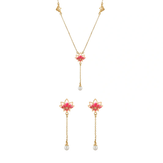 Lotus Glow Necklace & Earring Jewerly Set in 925 Silver with Pearl