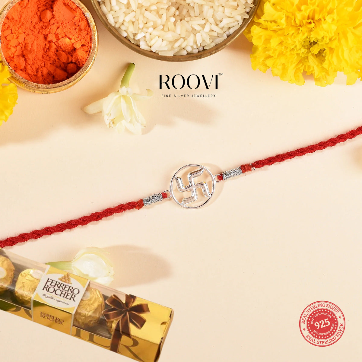 Roovi Pure 925 Silver Swastik Rakhi for Brother with 1 Pack Ferrro Chocolate