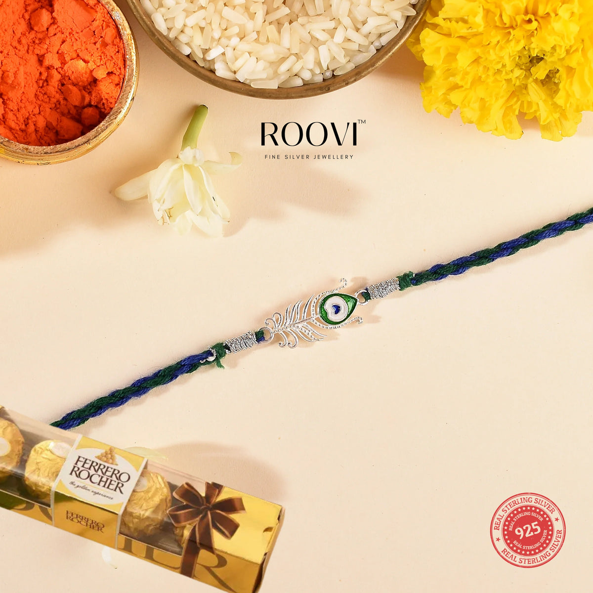 Roovi Real 925 Silver Mor Pankh Krishna Chandi Rakhi with 1 Pack Ferrro Chocolate